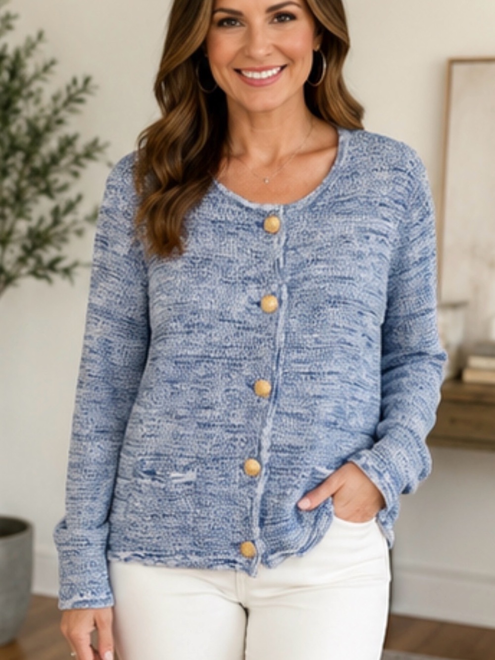 Ann Taylor Blue Marled Button Cardigan with Gold Buttons